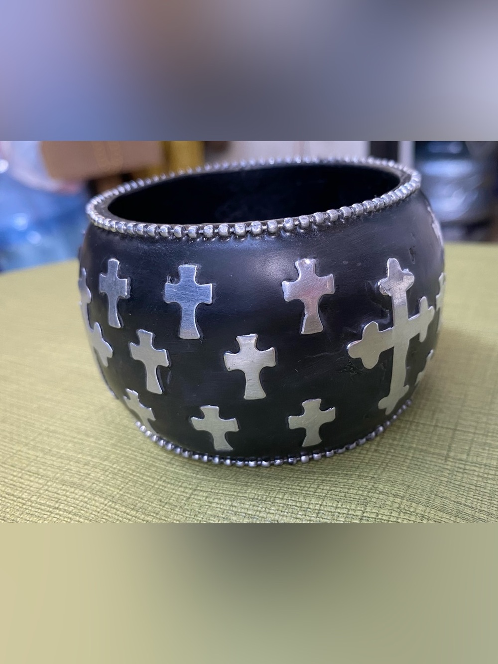 Black Cross Accent Bangle Bracelet with Silver Cross Details